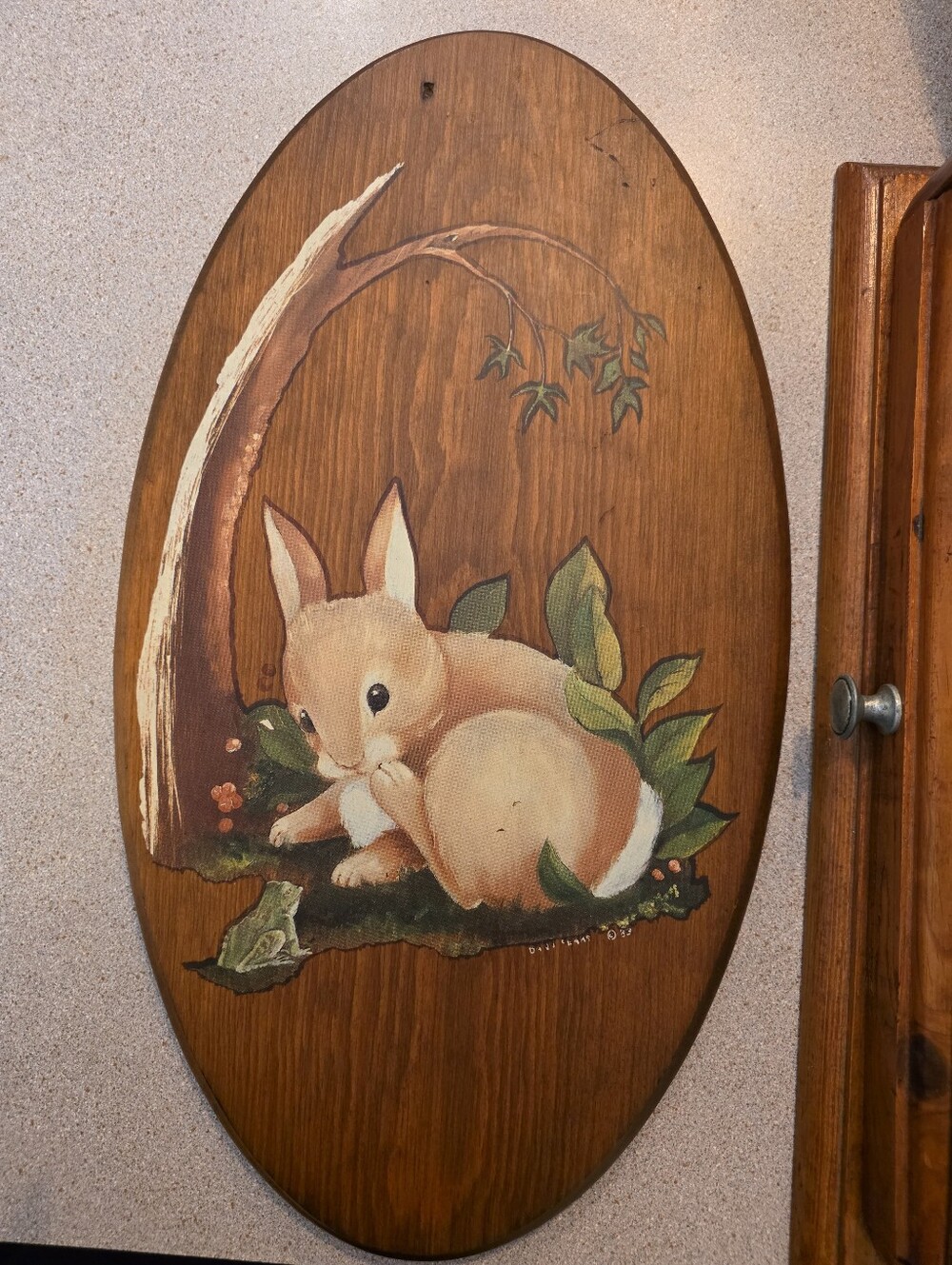 Wooden Oval Bunny Wall Art - Beige & Green